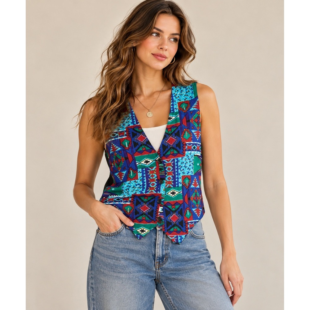 Boho Western Patchwork Beaded Vest Southwestern Festival Size Large